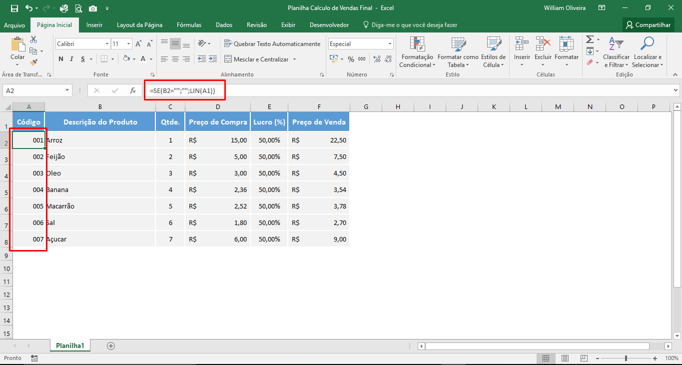 Planilha para cálculo de vendas final em Excel
