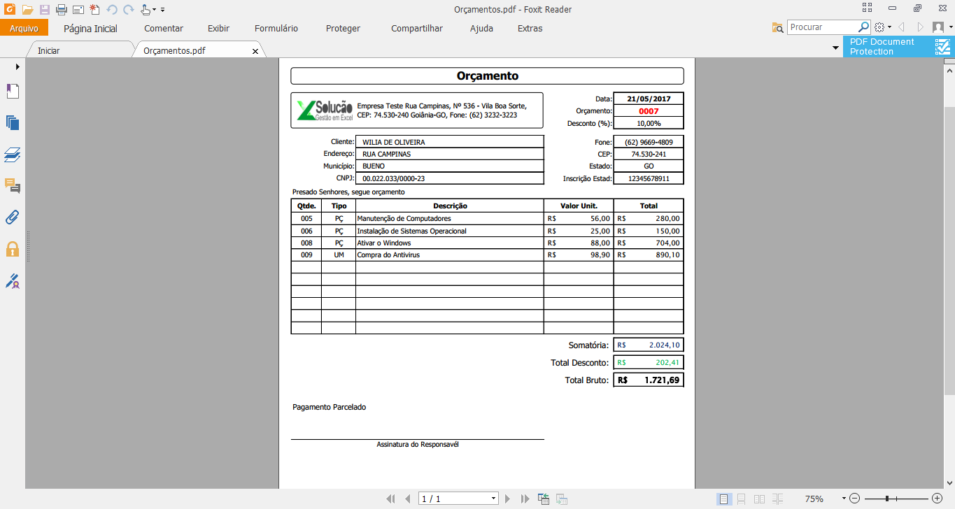 Planilha para Gerar orçamento em Excel e salvar em PDF