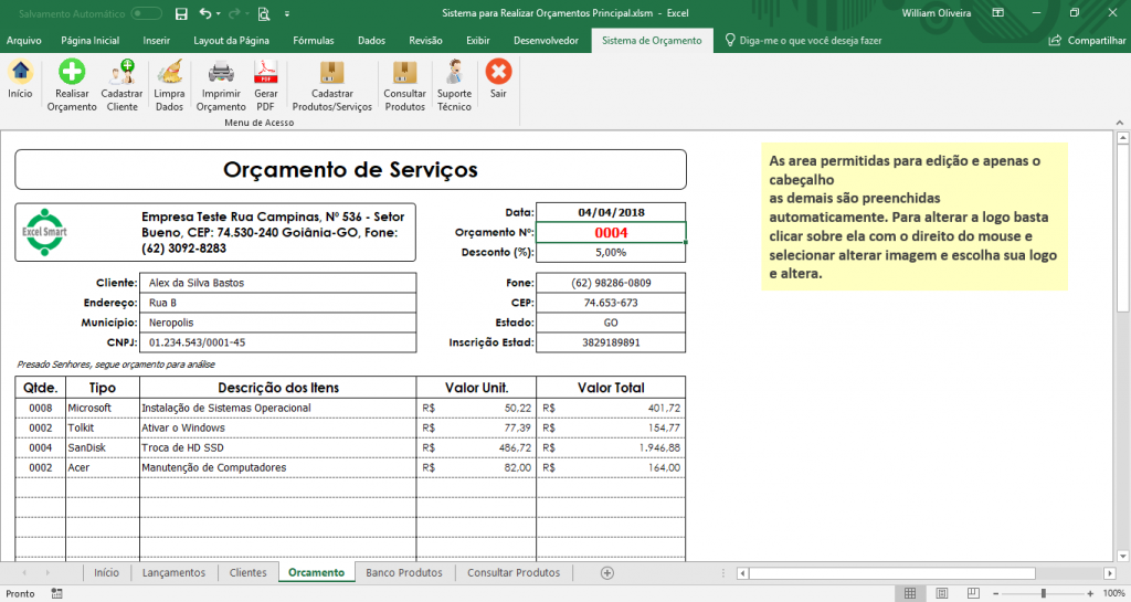 Atualiza\u00e7\u00e3o da planilha para gerar or\u00e7amento e salvar em PDF - Excel Smart