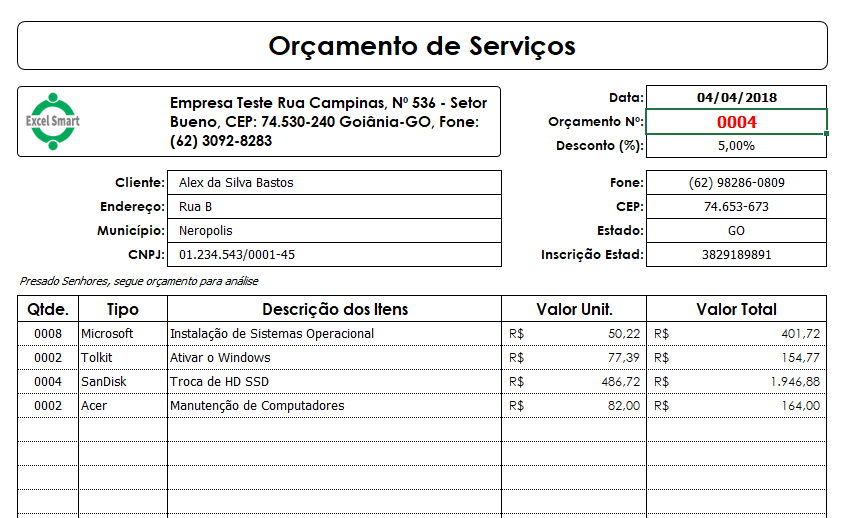 Atualização da Planilha para Gerar orçamento e Salvar em PDF