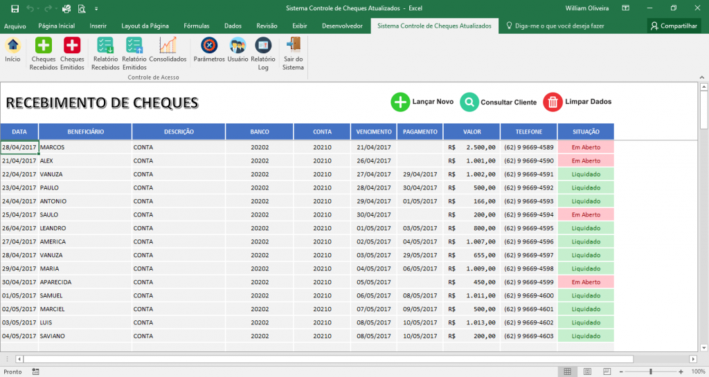 Planilha Para Controlar A Emiss O E Recebimento De Cheques Excel Smart