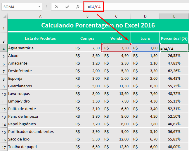 Como calcular o lucro em porcentagem no Excel