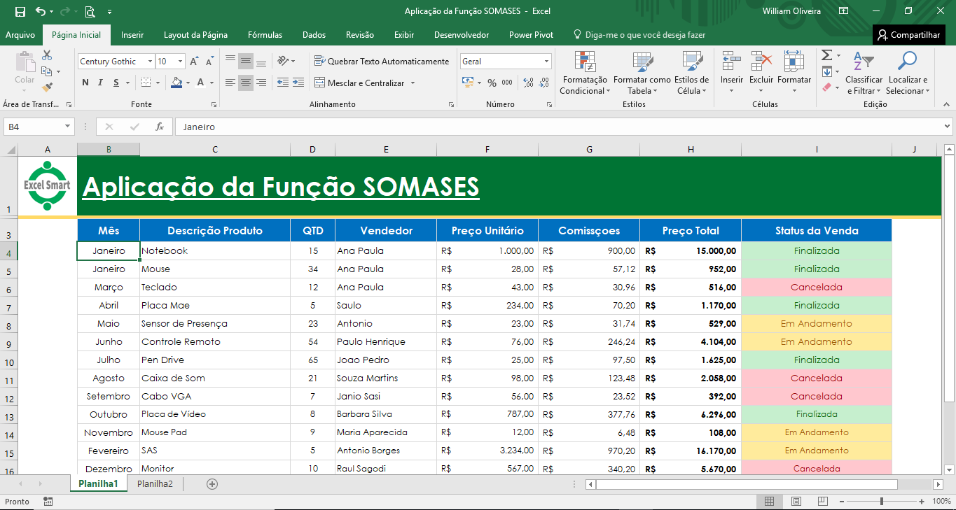 Somar dados através de vários critérios com a função SOMASES do Excel