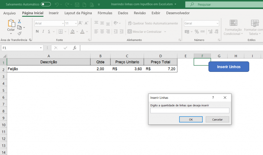 Inserindo linhas com InputBox em Excel