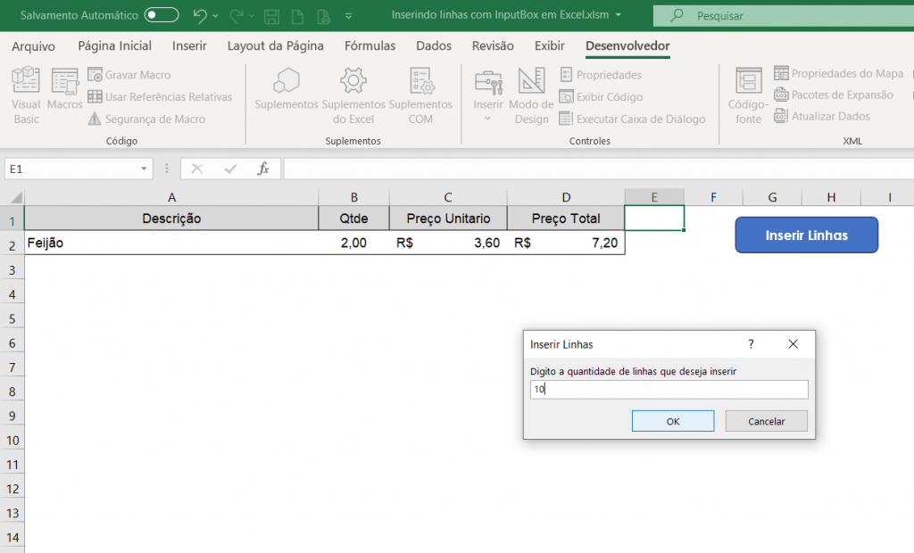 Inserindo linhas com InputBox em Excel