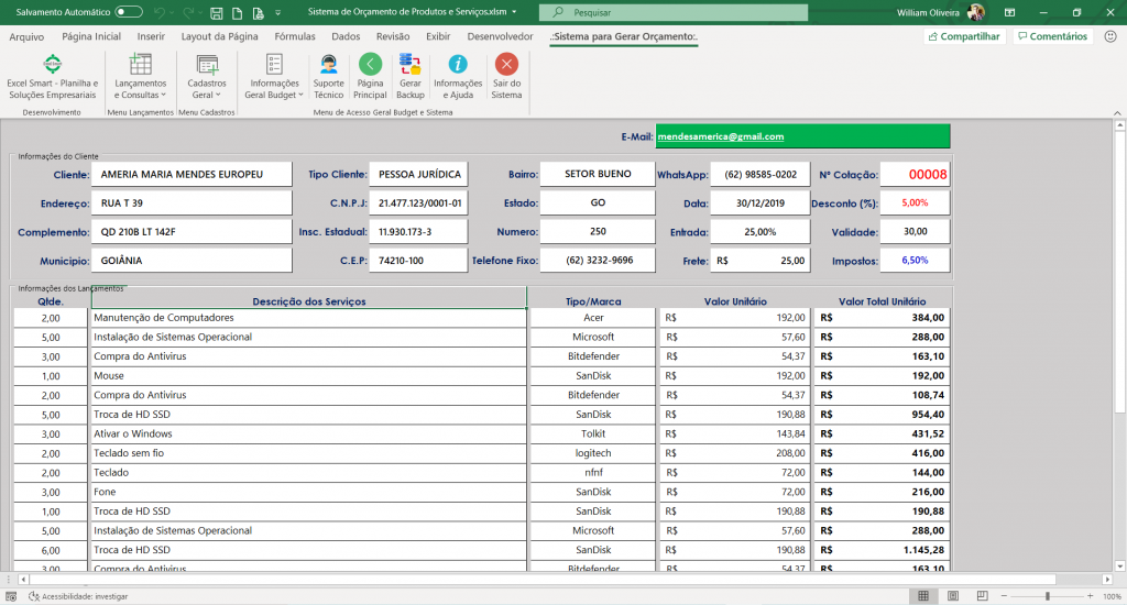 Sistema Controle de Orçamentos e Cotação em Excel